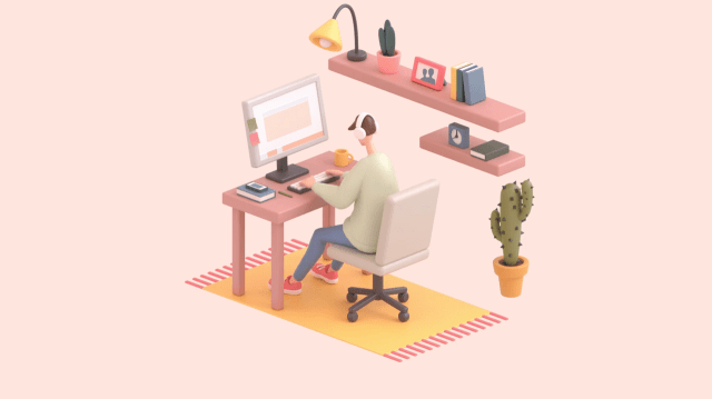 An animated person working on his desktop.