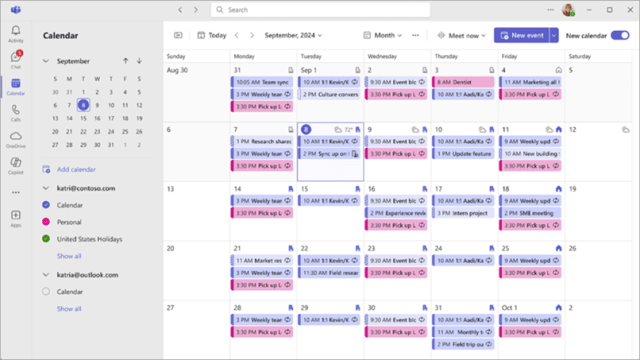 Een screenshot van de nieuwe agenda in Microsoft Teams, het lijkt nu op de agenda zoals je die ziet in Outlook.