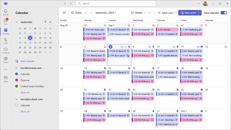 Een screenshot van de nieuwe agenda in Microsoft Teams, het lijkt nu op de agenda zoals je die ziet in Outlook.