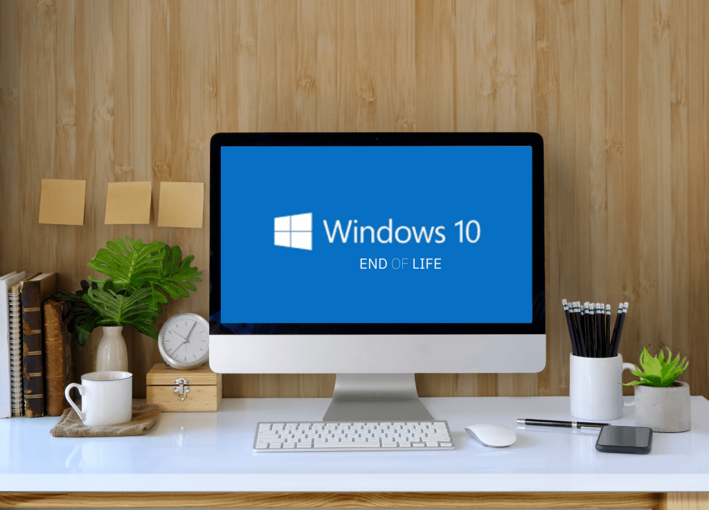 A picture from a desktop with the text on the screen: windows 10 end of life