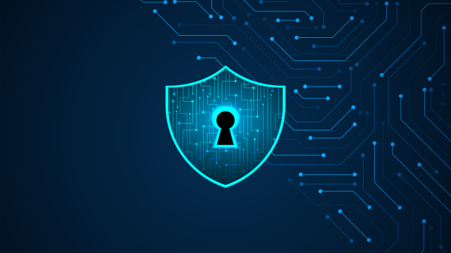 An illustration with a blue lock on a background with connected dots.