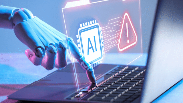 Robothand typt op een laptop met een holografisch AI-chipicoon en een rood waarschuwingsteken, symbool voor veilig AI-gebruik